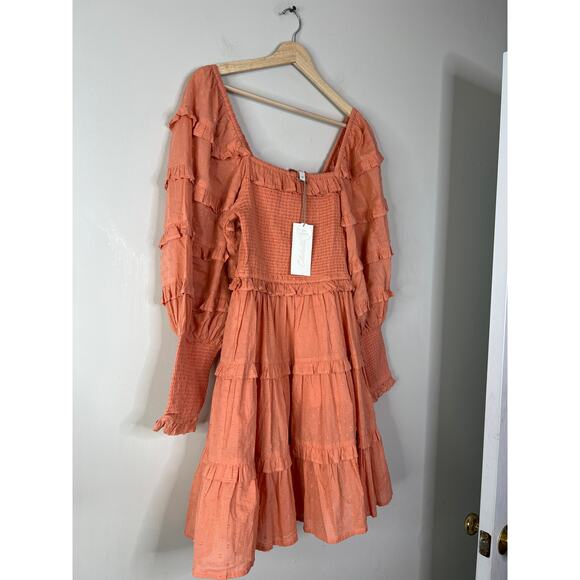 NWT Cleobella Harley Coral Pull On Smocked Tiered Ruffles Coral Mini Dress Sz XS - Picture 3 of 7